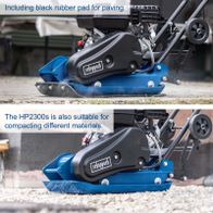 The Scheppach HP2300S wacker plate compactor includes a black rubber mat for paving and is also suitable for compacting different materials.