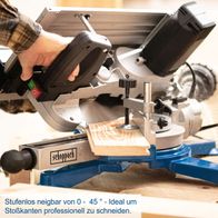 Die Tisch-Kappsäge HM100T von Scheppach ist stufenlos von 0 bis 45 Grad neigbar und ideal zum professionellen Schneiden von Stoßkanten.