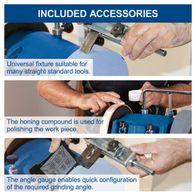The Scheppach TIGER 2500 Whetstone Bench Grinder features a universal fixture suitable for many straight standard tools, a honing compound for polishing the workpiece, and an angle gauge for quick configuration of the required grinding angle.