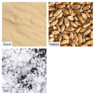 The cordless hand-held spreader C-GSP800-X by Scheppach has a spreading width of 5 meters and a capacity of 3.5 liters. The area performance is 800 square meters. Shown are sand, seeds, and salt that can be spread with the spreader.