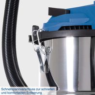 Der Nass-/Trockensauger NTS35 PREMIUM von Scheppach verfügt über einen Schnellspannverschluss für schnelles und komfortables Entleeren.