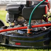 Der Scheppach Rasenmäher MS225-53E bietet eine Easy Clean-Reinigungsfunktion mit Wasseranschluss. Die Schnittbreite beträgt 53 cm.