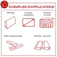 The sliding cross-cut mitre saw PX-KZS-305PA Practixx offers the following application possibilities: Plinthes, Coupes angulaires, Poutres en bois, Bois d'assemblage and Stratifié/parquet.