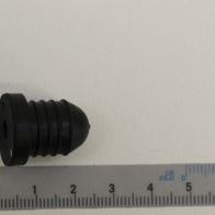 Wasserpumpenstopper, schwarz, geriffelt, neben einem Lineal zur Größenveranschaulichung.