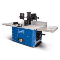 Die Fräsmaschine HF60 von Scheppach mit 230V 1500W, Spannzangen für 6/8/12mm und einer Spindelhöhe von 40mm. Die Maschine wird von der Seite gezeigt.