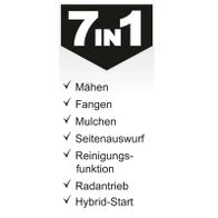 Der Benzin Rasenmäher PLM530-225E Scheppach bietet folgende Funktionen: Mähen, Fangen, Mulchen, Seitenauswurf, Reinigungsfunktion, Radantrieb und Hybrid-Start.