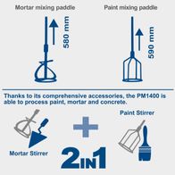 The Scheppach Paddle Mixer PM1400 features a mortar mixing paddle (580 mm) and a paint mixing paddle (590 mm). It comes with a mortar stirrer and a paint stirrer, which can be combined as a 2-in-1 solution.