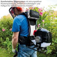 Ergonomisches Tragsystem mit atmungsaktivem Rückenpolster, breiten Schulterträgern und Hüftgurt für entlastendes Arbeiten