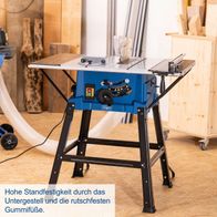 Die Tischkreissäge HS250L SE von Scheppach bietet hohe Standfestigkeit durch das Untergestell und rutschfeste Gummifüße.