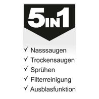 Der Scheppach 5in1 Sprüh- und Waschsauger bietet Nasssaugen, Trockensaugen, Sprühen, Filterreinigung und Ausblasfunktion.