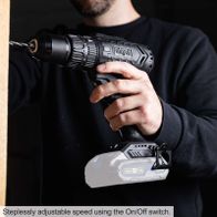 The Scheppach cordless impact drill C-SBS45BE-X features steplessly adjustable speed using the On/Off switch. Perfect for precise work.