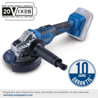 Scheppach Akku-Winkelschleifer BC-AG125-X: Teil der 20VIXES Batterieplattform, eine Batterie für alle Geräte. 10 Jahre Garantie bei Online-Registrierung auf warranty.scheppach.com.