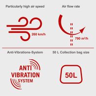 Key technical features: Air speed at 260 km/h, airflow rate of 790 m²/h, anti-vibration system, 50L collection bag