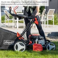 Klappbarer Handgriff für platzsparendes Transportieren eines Scheppach-Rasenmähers