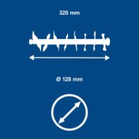 Technische Spezifikationen: Länge 320 mm, Durchmesser 128 mm mit Drehrichtung