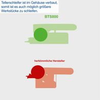 Der Tellerschleifer ist im Gehäuse verbaut, wodurch auch größere Werkstücke geschliffen werden können. Der BTS800 bietet eine kompakte Bauweise mit integriertem Tellerschleifer für präzises Arbeiten.