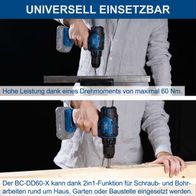 Der Akku-Bohrschrauber BC-DD60-X von Scheppach bietet hohe Leistung mit einem maximalen Drehmoment von 60 Nm und einer 2in1-Funktion für Schraub- und Bohrarbeiten.