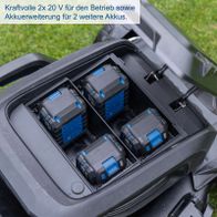 Der Akku-Rasenmäher BC-MP470-X von Scheppach verfügt über kraftvolle 2x 20 V Akkus für den Betrieb sowie eine Akkuweiterführung für 2 weitere Akkus.