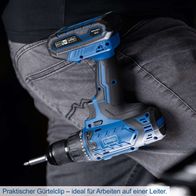 Praktischer Gürtelclip – ideal für Arbeiten auf einer Leiter. Der Werkzeugkoffer C-DTB74/1-X von Scheppach bietet einen Spannbereich von 1,5-13mm und ein Drehmoment von 50Nm ohne Schlagfunktion.