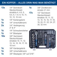 Werkzeugkoffer TB180 mit detaillierter Liste aller enthaltenen Steckschlüssel-, Kardangelenk- und Bitadaptersätze für verschiedene Größen