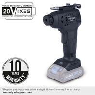 The cordless hand-held compressor C-HKO7BE-X Set S by Scheppach is part of the 20Vixes battery platform. One battery for all devices. 10 years warranty with online registration at warranty.scheppach.com.