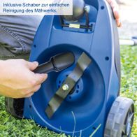 Der Akku-Rasenmäher BC-MP220-X von Scheppach inkludiert einen Schaber zur einfachen Reinigung des Mähwerks.