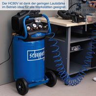 Der HC80V ist dank der geringen Lautstärke im Betrieb ideal für alle Werkstätten geeignet. Er hat einen 80L Kessel und eine Ansaugleistung von 310 l/min. Der Kompressor verfügt über 2 Kupplungen und einen maximalen Druck von 10bar.