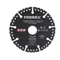 FERREX Diamantschneidscheibe - Rettungstyp. Abmessungen: 115x2,2x22,23mm. Max. Geschwindigkeit: 80m/s. Max. Drehzahl: 13.200 min⁻¹. Geprüft nach EN 13236. Hersteller: Scheppach GmbH.