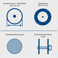 Der Doppelschleifer SM200LB von Scheppach verfügt über einen Aluminiumoxid-Schleifstein (200 x 20 mm) und eine Drahtbürste (200 x 16 mm). Der Schleifstein hat eine Körnung von 36 und eine Aufnahme von 15,88 mm.