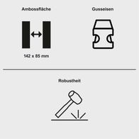 Der Schmiedeamboss GEA4500 von Scheppach hat eine Ambossfläche von 142 x 85 mm und besteht aus Gusseisen. Er ist robust und widerstandsfähig.