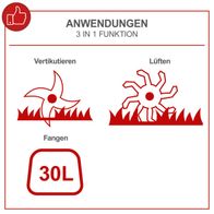 Der Elektro Vertikutierer SC32 von Scheppach hat eine 3-in-1-Funktion: Vertikutieren, Lüften und Fangen. Er verfügt über einen 30-Liter-Fangkorb.