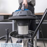 Der Elektro-Nass-/Trockensauger VC50 von Scheppach verfügt über einen Schnellspannverschluss für einen einfachen Beutelwechsel.