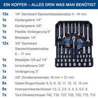 Werkzeugkoffer WZT187 von Scheppach mit Sechskant- und Ringschlüsselaufsatz für 4–17 mm, inkl. Kardangelenken, Verlängerungen und Bitadaptern