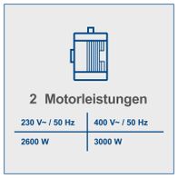 Die Wippsäge HS520 hat zwei Motorleistungen: 2600 W bei 230 V und 50 Hz sowie 3000 W bei 400 V und 50 Hz.