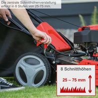 Der Benzin Rasenmäher MP150-46 von Scheppach hat eine zentrale Schnitthöhenverstellung mit 8 Stufen von 25-75 mm.