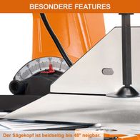 Die Kapp-, Zug- und Gehrungssäge IX-KZP305 IXES bietet einen Sägekopf, der beidseitig bis 48° neigbar ist.