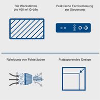 Der Luftreiniger HDA-14 von Scheppach eignet sich für Werkstätten bis 400 m² Größe, verfügt über eine praktische Fernbedienung zur Steuerung, reinigt Feinstaub und hat ein platzsparendes Design.