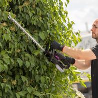 Die Akku-Heckenschere GO-HES570 gomag von Scheppach hat einen 570 mm langen Messerbalken und einen 20 mm Messerabstand. Sie ist leicht und einfach zu bedienen.