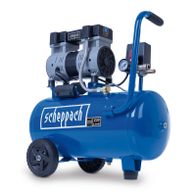 Kompressor HC26Si von Scheppach mit 1100W Leistung, 8 Bar Druck, 24L Kessel und 162 l/min Ansaugleistung. Ölfrei und leise mit 66 dB.