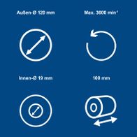 Technische Spezifikationen für Dreh- und Dreh-/Streichbewegungen: Außen-Ø 120 mm, Innen-Ø 19 mm, Maximal 3600/min