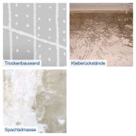 Drei technische Merkmale für Schleifmasse, Trockenbauwand und Kleberückstände: Spachtelmasse, Trockenbauwandplatten und Klebereste auf der Schleiffläche