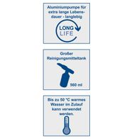 Wichtige Merkmale des Hochdruckreinigers: Aluminiumpumpe für lange Lebensdauer, großer Reinigungsmitteltank (560 ml), bis 50 °C warmes Wasser einsetzbar