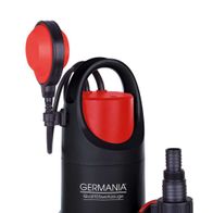 Flachsaugerpumpe EPS75 Germania, Ansicht von vorne. Der Pumpenkörper mit rotem Deckel und schwarzem Griff. Ein roter Schwimmer und ein schwarzer Auslassanschluss sind sichtbar.