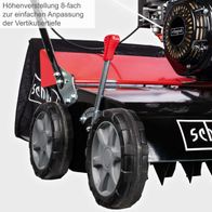 Der Benzin Vertikutierer SC40P von Scheppach bietet eine 8-fach Höhenverstellung zur einfachen Anpassung der Vertikutiertiefe.