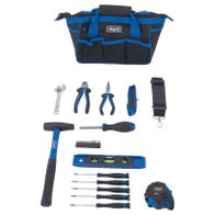 Werkzeugtasche Scheppach mit integriertem Set: 23 Teile inkl. Schraubenschlüssel, Zangen, Hammer, Bohrer, Messer, Kombizange, Ausrichtblech, Maßband, Schraubendreher, Kabelbinder und weiteren Werkzeugen für DIY-Projekte.