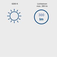 Die Akku-Arbeitsleuchte hat eine Farbtemperatur von 6200 K und eine maximale Helligkeit von 300 Lumen.