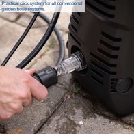 The Scheppach HPC1400 pressure washer features a practical click system for all conventional garden hose systems.