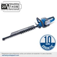 Die Akku Heckenschere BC-HT720-X von Scheppach ist Teil der 20VIXES Batterieplattform. Sie bietet eine Schnittlänge von 650 mm und eine Schnittstärke von 30 mm. Mit einer 10-jährigen Garantie bei Online-Registrierung.