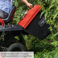 Der Benzin-Aufsitzrasenmäher MR225-61 von Scheppach verfügt über eine robuste 150-Liter-Fangbox, die ausreichend Platz für Schnittgut bietet.
