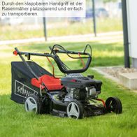 Der klappbare Handgriff des Rasenmähers ermöglicht platzsparende Aufbewahrung und einfaches Transportieren. Das Modell MS150-42E von Scheppach verfügt über einen Radantrieb und einen E-Start. Inklusive Akku und Ladegerät.
